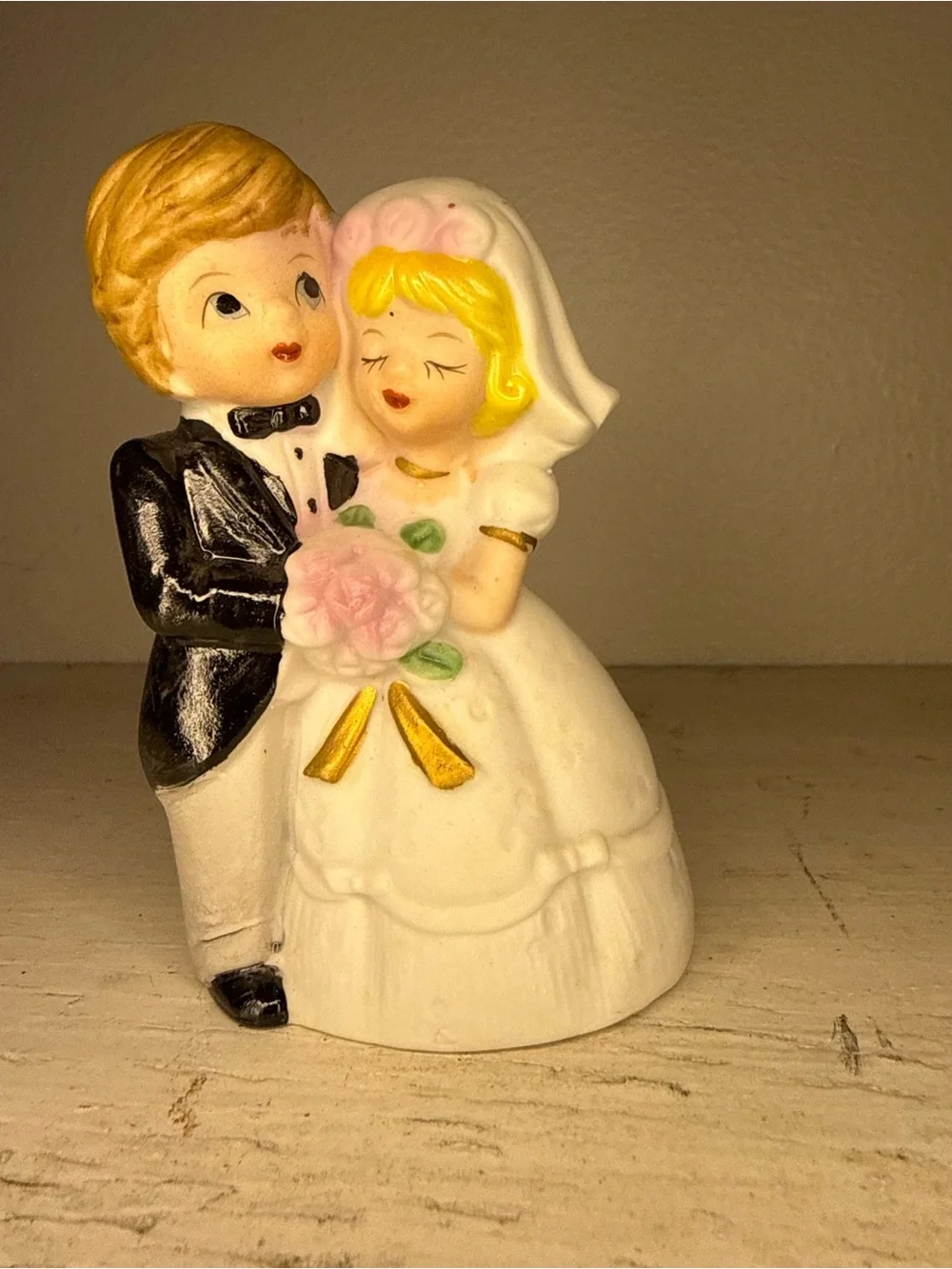 Beautiful Porcelain Bride and Groom Wedding Bell Figurine by J.S.N.Y. Made in Ta